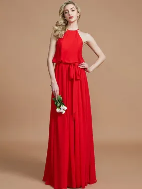 A-Line Halter Sleeveless With Sash/Ribbon/Belt Floor-Length Chiffon Bridesmaid Dresses