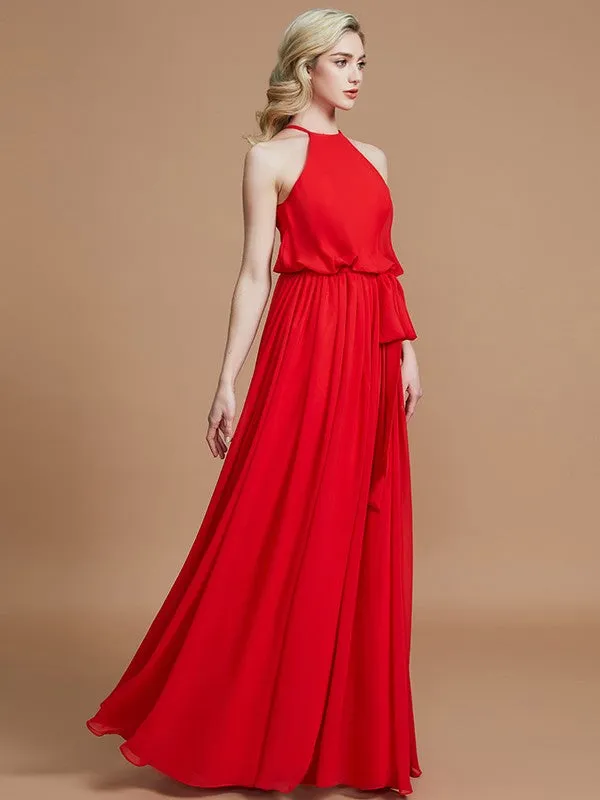 A-Line Halter Sleeveless With Sash/Ribbon/Belt Floor-Length Chiffon Bridesmaid Dresses