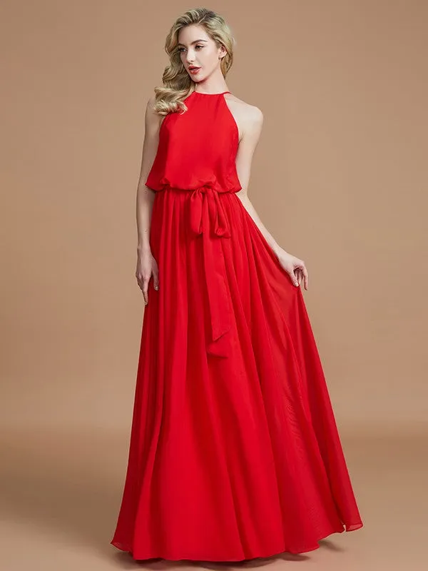 A-Line Halter Sleeveless With Sash/Ribbon/Belt Floor-Length Chiffon Bridesmaid Dresses