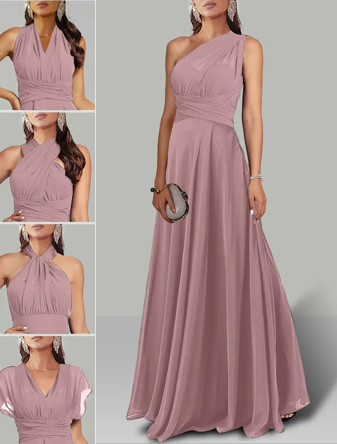 A-Line Wedding Guest Dresses Infinity Dress Wedding Party Floor Length Short Sleeve Halter Neck Convertible Chiffon with Ruched Elegant Evening Party Dress