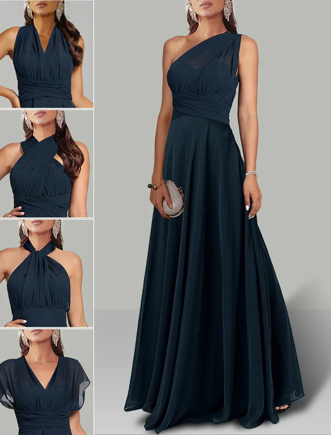A-Line Wedding Guest Dresses Infinity Dress Wedding Party Floor Length Short Sleeve Halter Neck Convertible Chiffon with Ruched Elegant Evening Party Dress