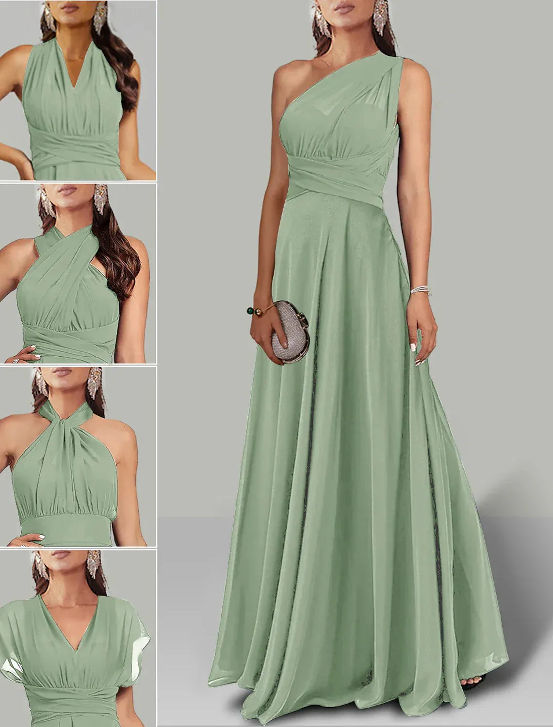 A-Line Wedding Guest Dresses Infinity Dress Wedding Party Floor Length Short Sleeve Halter Neck Convertible Chiffon with Ruched Elegant Evening Party Dress