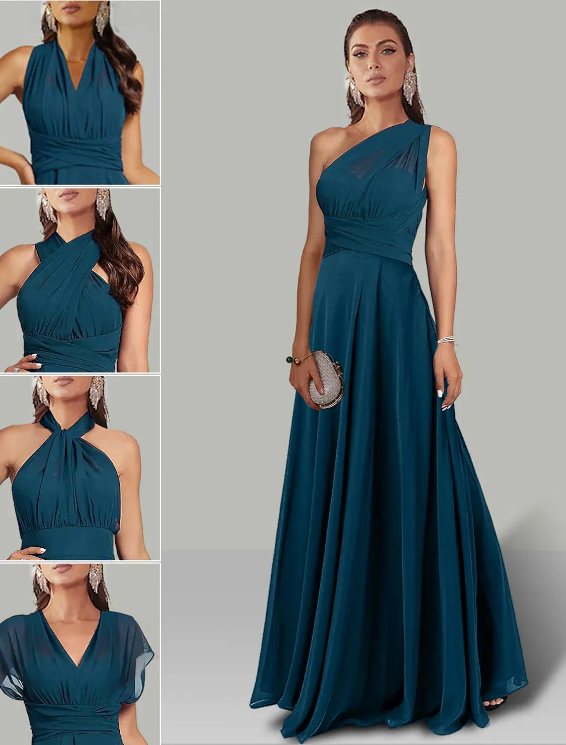 A-Line Wedding Guest Dresses Infinity Dress Wedding Party Floor Length Short Sleeve Halter Neck Convertible Chiffon with Ruched Elegant Evening Party Dress