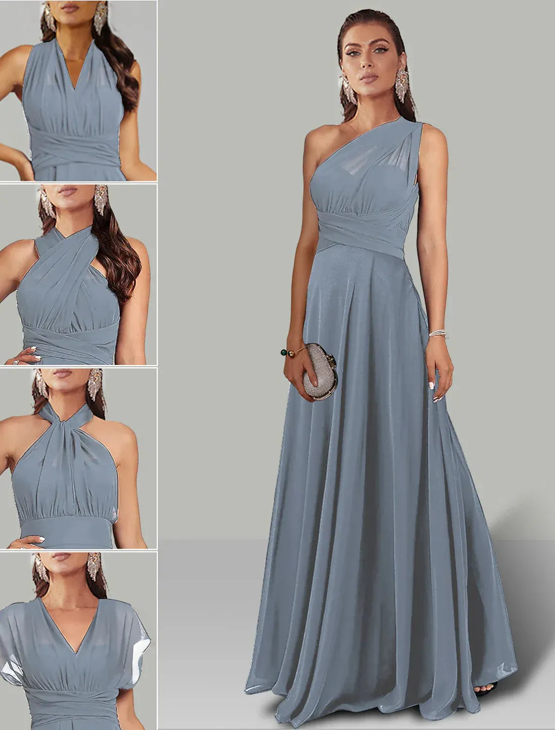 A-Line Wedding Guest Dresses Infinity Dress Wedding Party Floor Length Short Sleeve Halter Neck Convertible Chiffon with Ruched Elegant Evening Party Dress