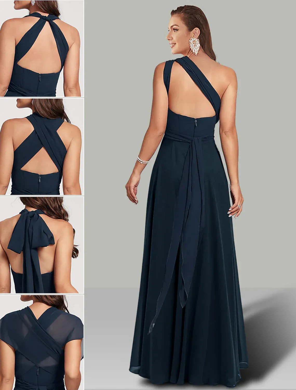 A-Line Wedding Guest Dresses Infinity Dress Wedding Party Floor Length Short Sleeve Halter Neck Convertible Chiffon with Ruched Elegant Evening Party Dress