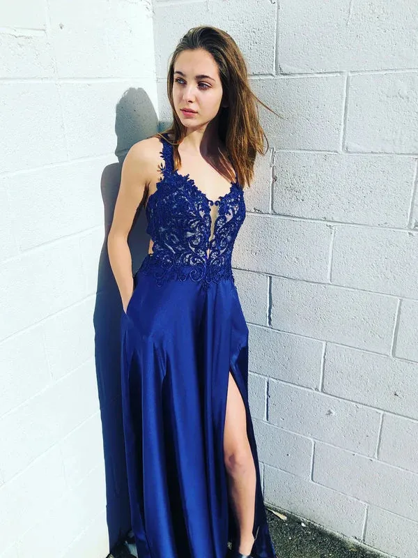 Chic Satin Halter Neckline Floor-length A-line Prom Dresses With Appliques And Slit Evening Dress
