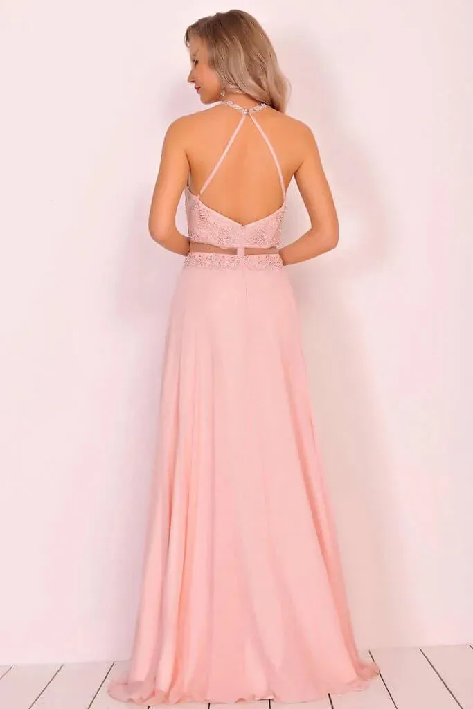 Chiffon Halter Open Back A Line Formal Dresses With Beads And Embroidery