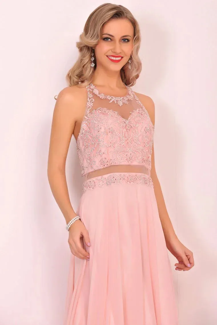 Chiffon Halter Open Back A Line Formal Dresses With Beads And Embroidery