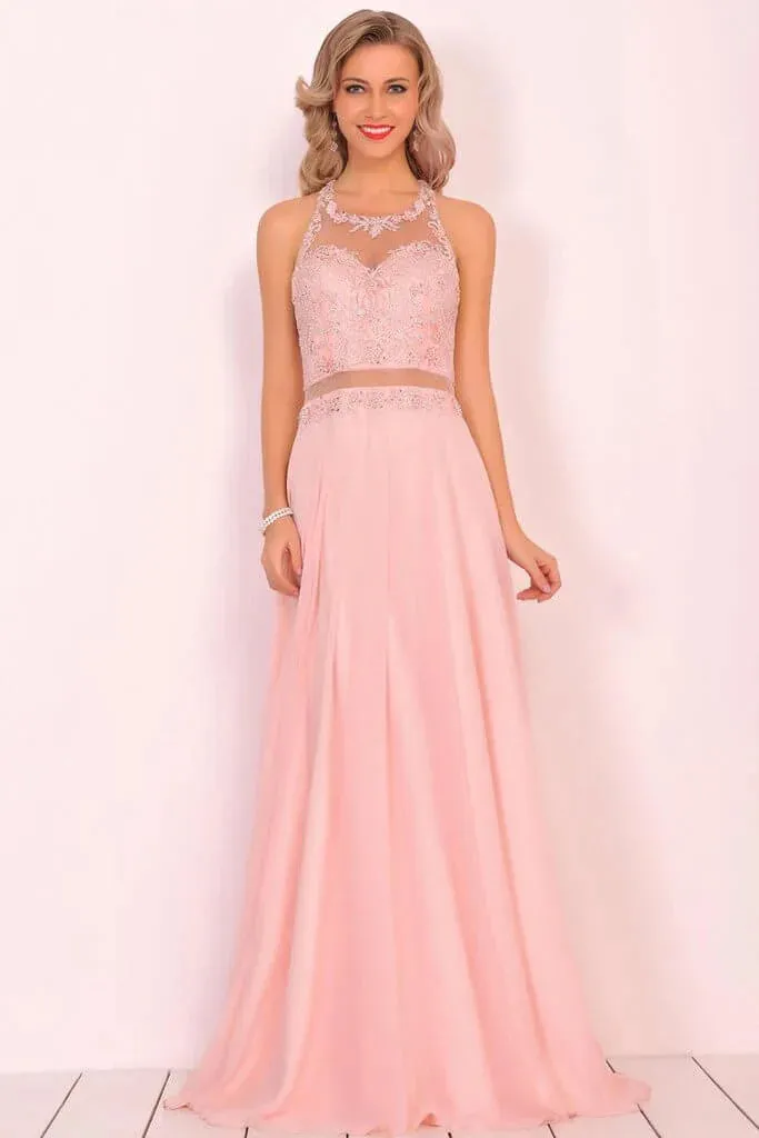 Chiffon Halter Open Back A Line Formal Dresses With Beads And Embroidery