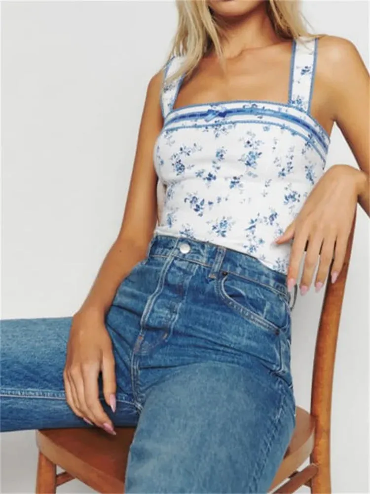 FashionSierra - 2024 Floral Print Bow Tank Girls Fairy Grunge Y2K Aesthetic Slim Fit Mini Vest Chic Streetwear Crop Tops