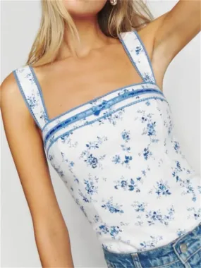 FashionSierra - 2024 Floral Print Bow Tank Girls Fairy Grunge Y2K Aesthetic Slim Fit Mini Vest Chic Streetwear Crop Tops