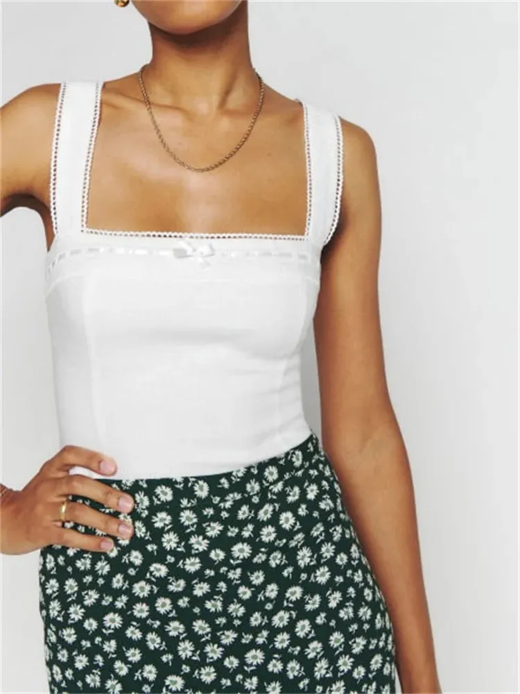 FashionSierra - 2024 Floral Print Bow Tank Girls Fairy Grunge Y2K Aesthetic Slim Fit Mini Vest Chic Streetwear Crop Tops