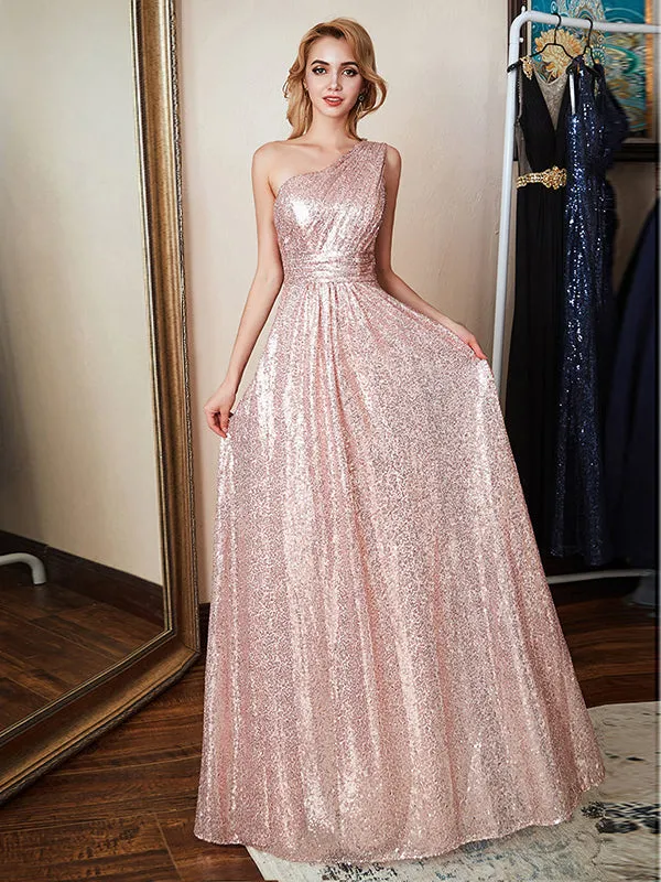 One Shoulder Sequin Bridesmaid Maxi Dresses