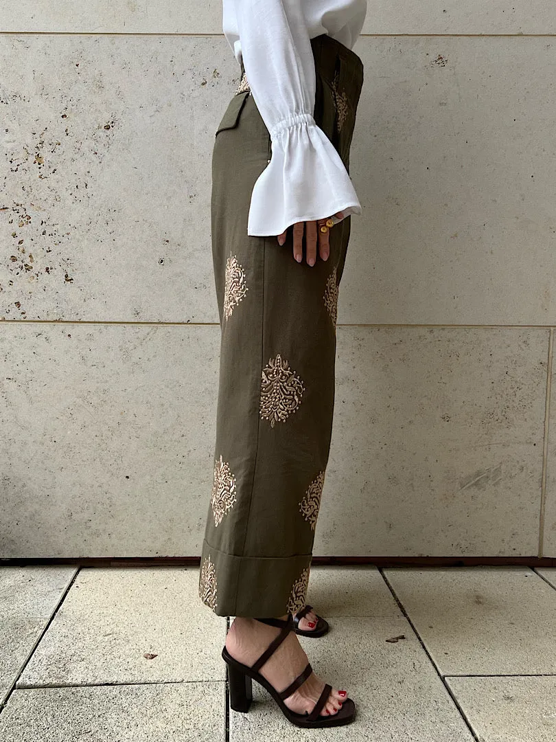 PANTS ALDA CROPPED "EMBROIDERED OLIVE"