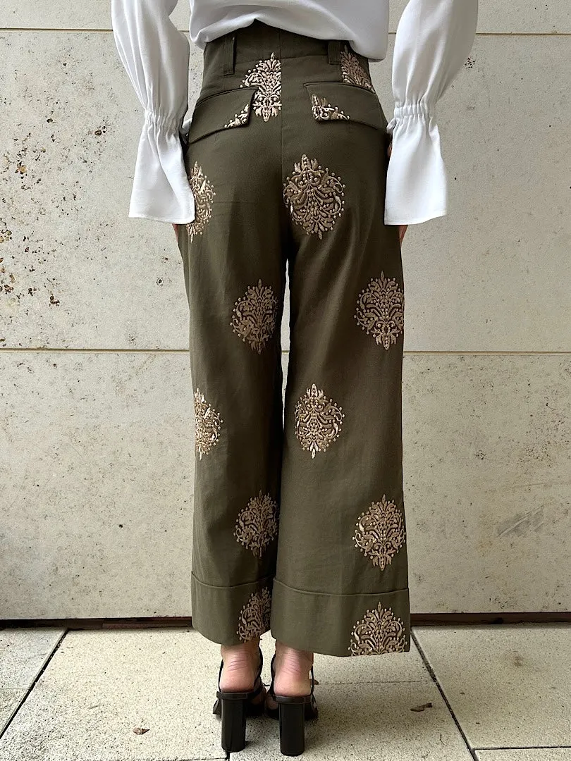 PANTS ALDA CROPPED "EMBROIDERED OLIVE"