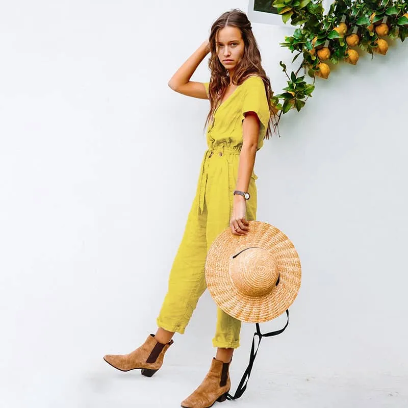 Single-breasted all-match cropped jumpsuit