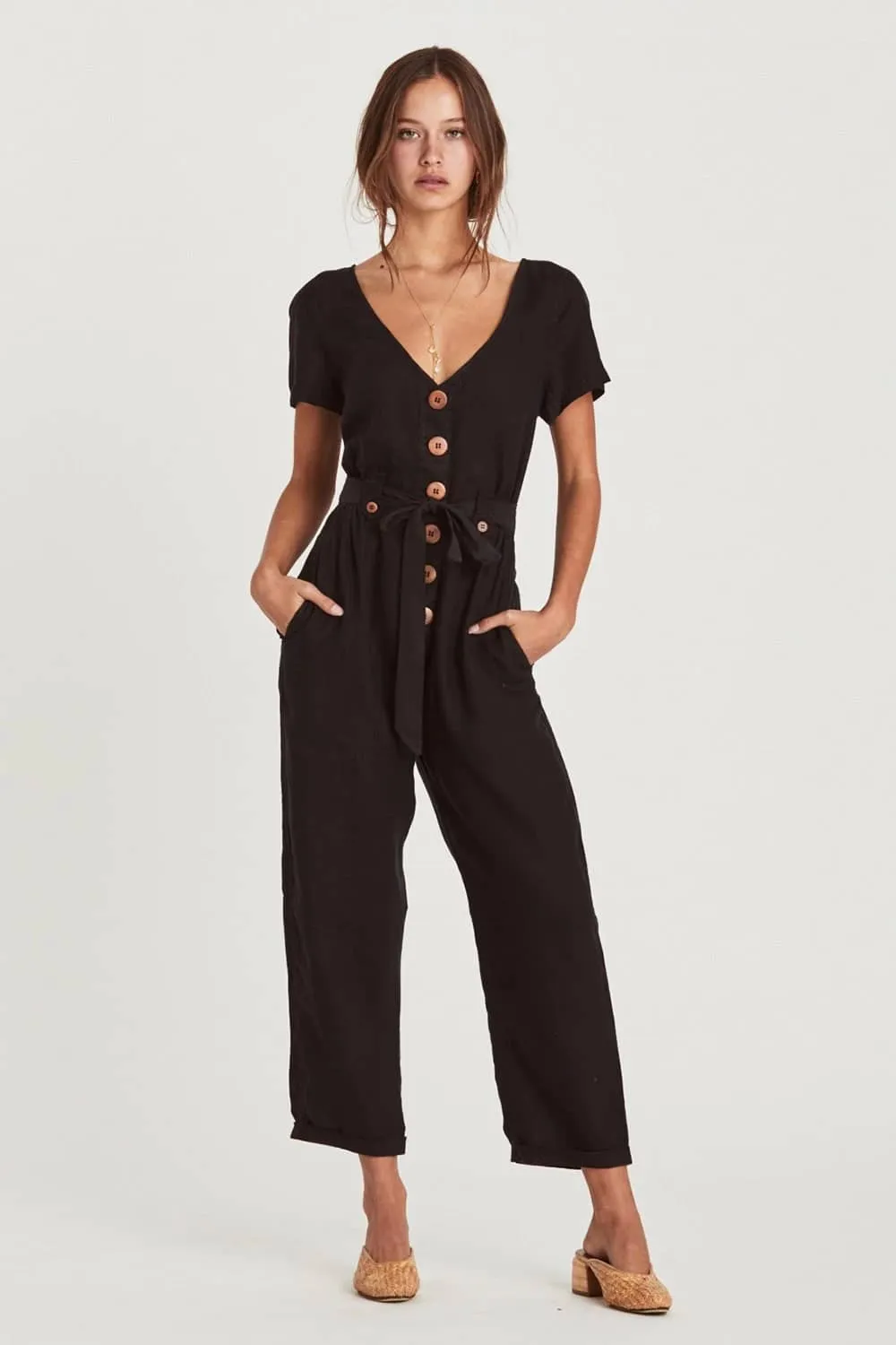 Single-breasted all-match cropped jumpsuit