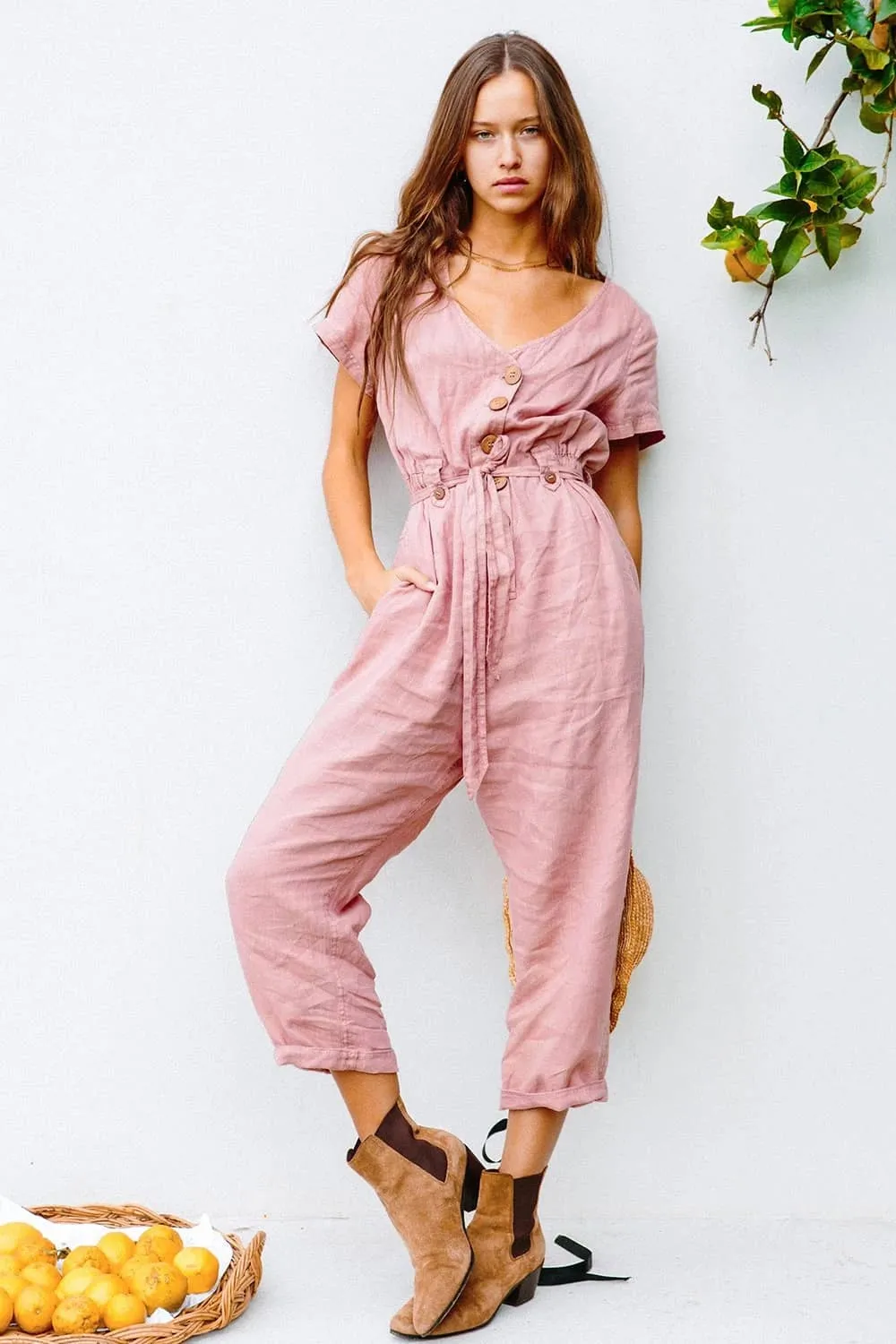 Single-breasted all-match cropped jumpsuit