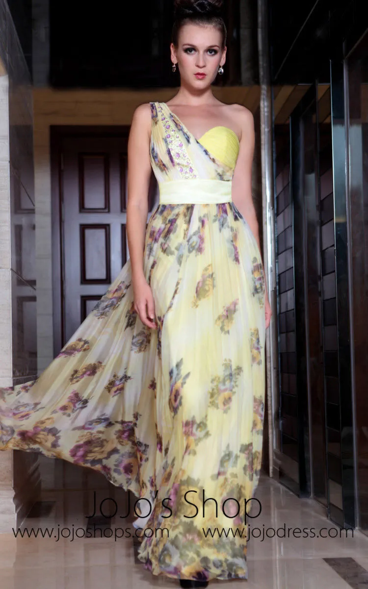 Yellow Multicolor Grecian One Shoulder Evening Dress
